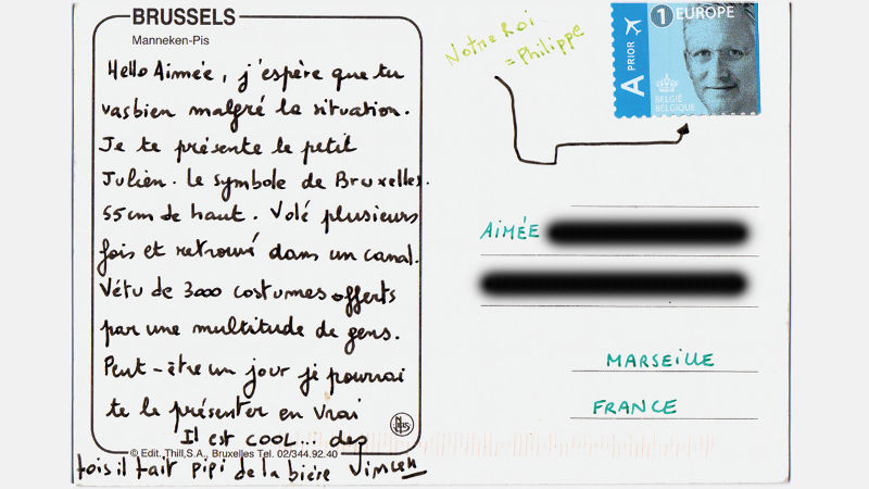 Chronique d'un théâtre en confinement #20 garder le lien au-delà des frontières  - carte postale numérique par Aimée pour Vincen Beeckman 